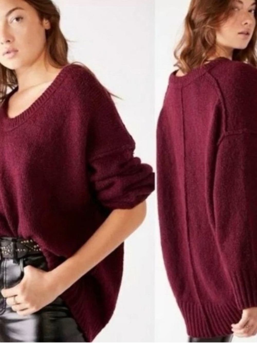 Free People Oversized Scoop-Neck Sweater in Burgundy